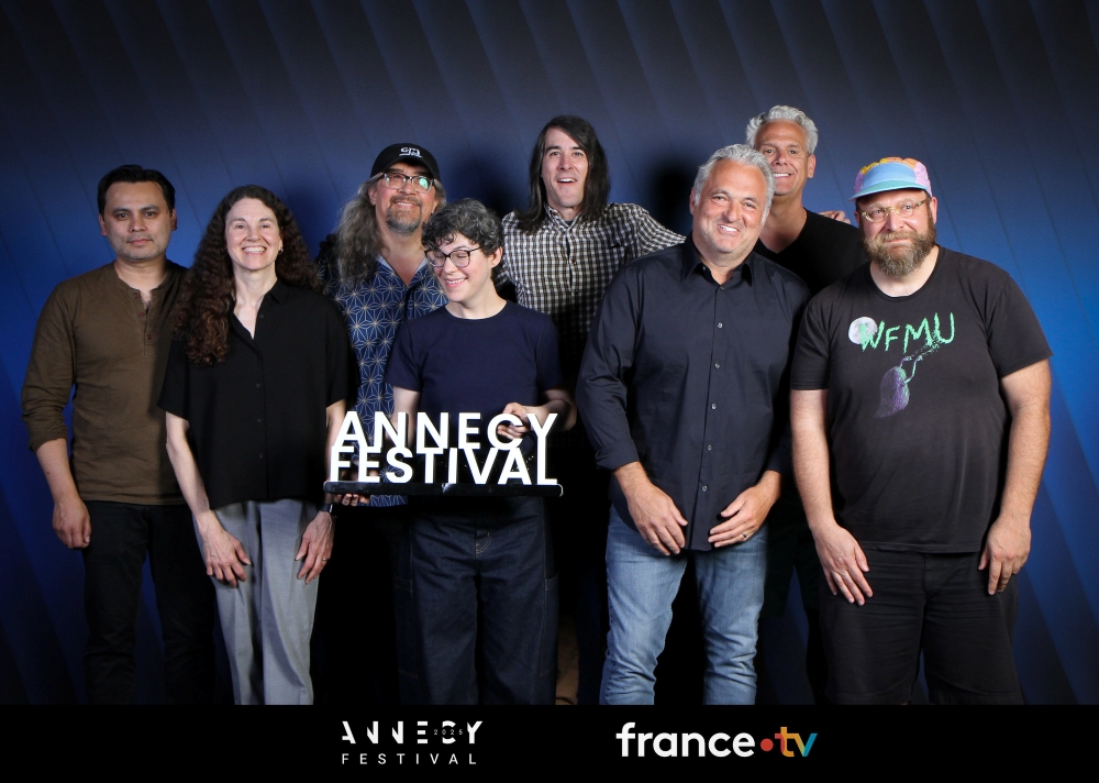 Special guests at the 2025 Annecy Festival included iconic Cartoon Network creators (L-R) Adam Muto, Linda Simensky, Craig McCracken, Rebecca Sugar, J. G. Quintel, Genndy Tartakovsky, Sam Register and Pendleton Ward, celebrating the studios' 25th anniversary. [ph: S. Clement / Annecy]