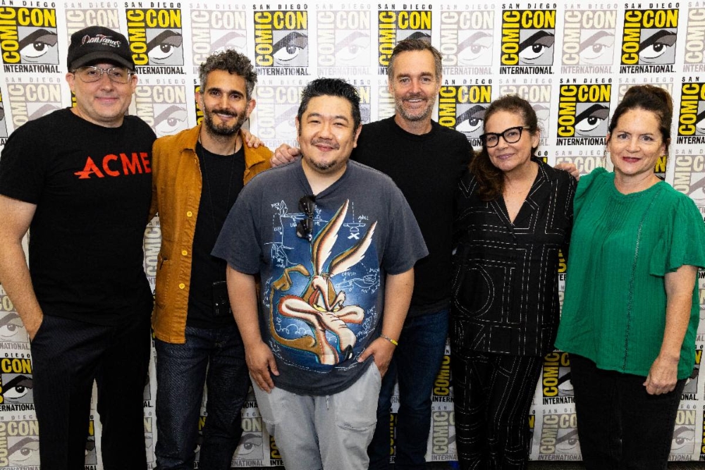 (L-R) P.J. Byrne, Dave Green, Eric Bauza, Will Forte, Candi Milo and Martha Kelly [ph: Justin Baker]