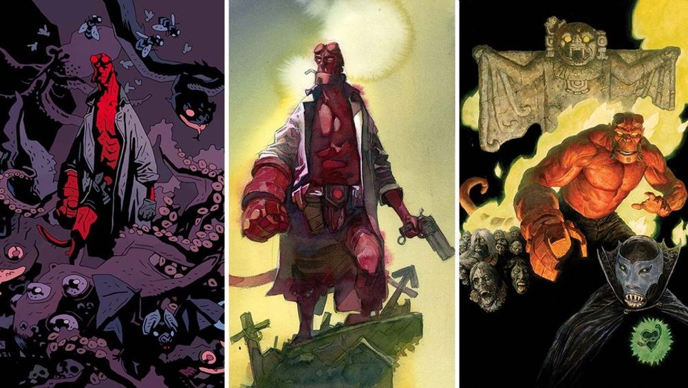 (L-R) Hellboy prints by Mike Mignola, Alex Meleev and Paolo Rivera