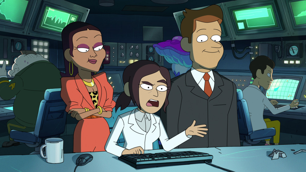 L-R: Tisha Campbell voices Gigi, Lizzy Caplan voices Reagan and Clark Duke voices Brett in Inside Job.