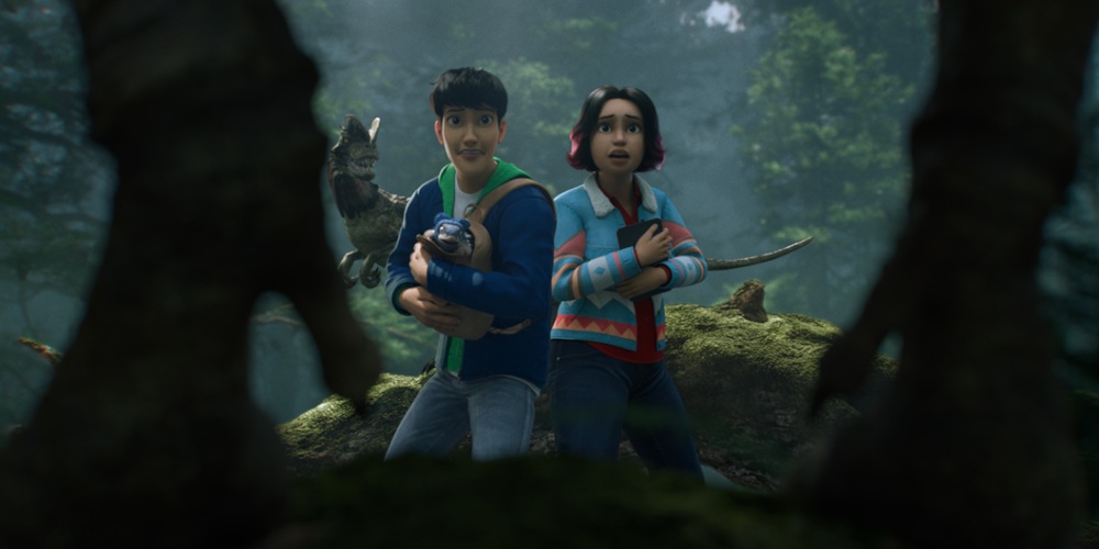 Jurassic World: Chaos Theory: Season 4 (L to R) Darren Barnet as Kenji Kon and Raini Rodriguez as Sammy Gutierrez [c/o Netflix © 2025]
