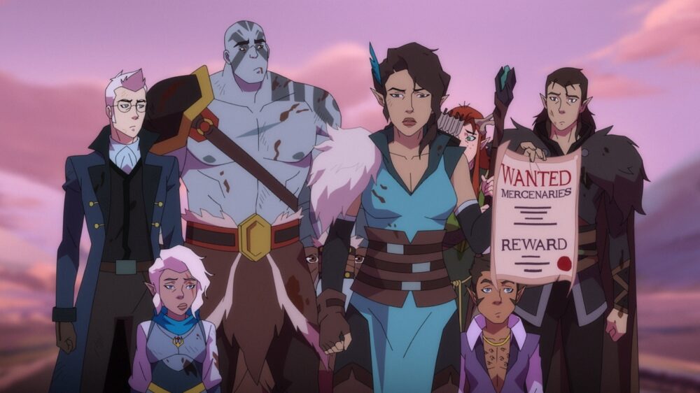 L-R: Percival de Rolo (voiced by Jaffe), Pike Trickfoot (Johnson), Grog Strongjaw (Willingham), Vex'ahlia (Bailey), Keyleth (Ray), Scanlan Shorthalt (Riegel) and Vax'ildan (O'Brien). L-R: Percival de Rolo (voiced by Jaffe), Pike Trickfoot (Johnson), Grog Strongjaw (Willingham), Vex'ahlia (Bailey), Keyleth (Ray), Scanlan Shorthalt (Riegel) and Vax'ildan (O'Brien).