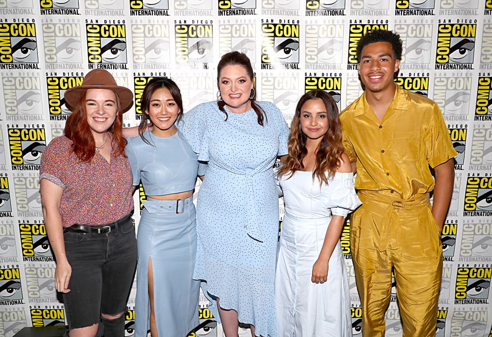 (L-R) Noelle Stevenson, Karen Fukuhara, Lauren Ash, Aimee Carrero and Marcus Scribner of DreamWorks She-Ra and the Princesses of Power at San Diego Comic-Con 2019 on July 19. (Photo by Joe Scarnici/Getty Images for DreamWorks Animation Television)