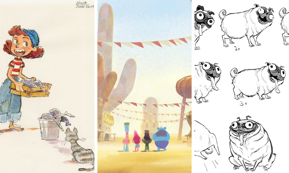L-R: Luca vizdev by Daniela Strijleva, Trolls World Tour concept art, "Monchi" expression sheet by Lindsey Olivares for The Mitchells vs. the Machines
